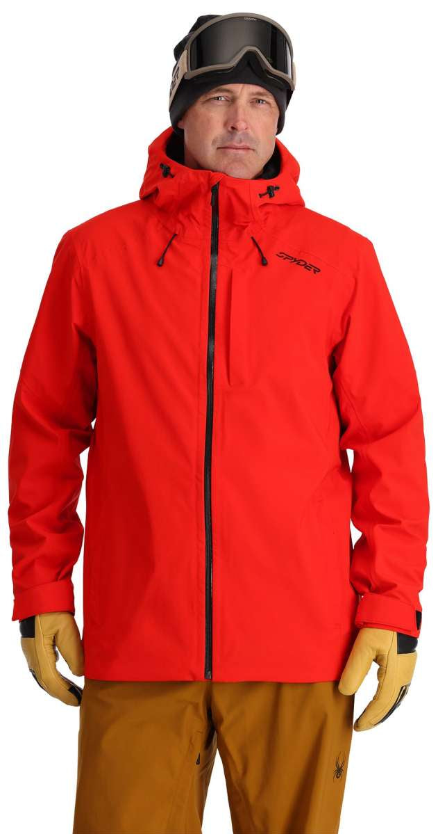 Spyder Volt GORE-TEX Shell Jacket 2024 - A red ski jacket with a black zipper and black drawstrings on the hood.