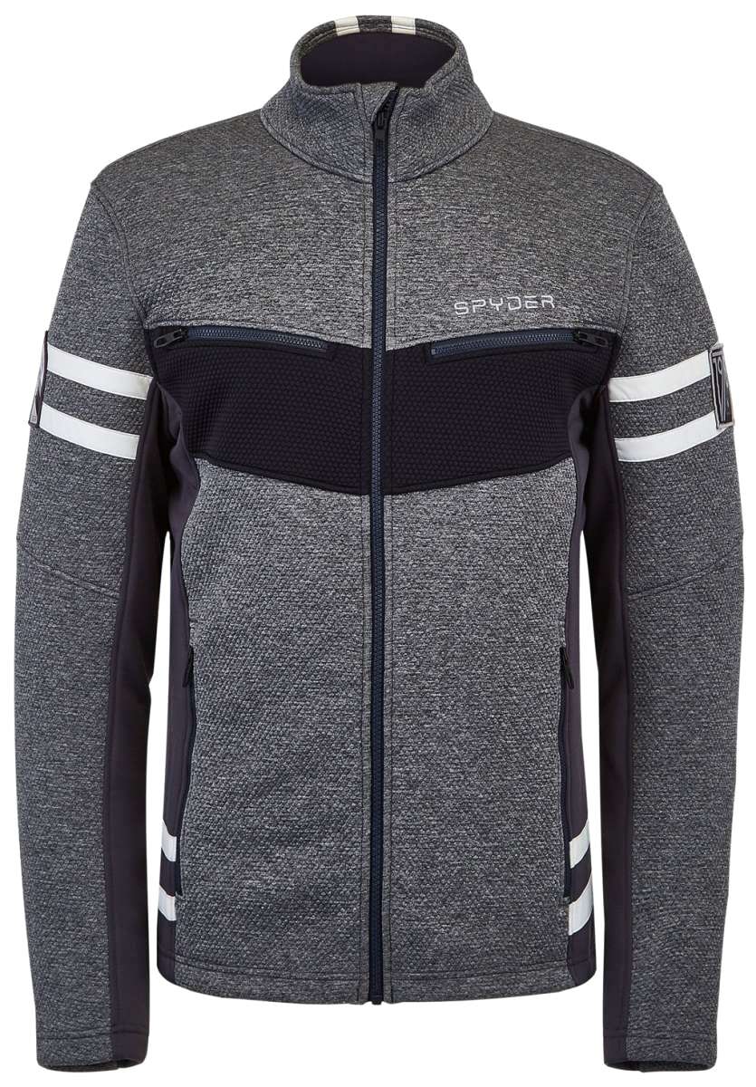 Spyder Wengen Encore Full Zip Fleece Jacket 2022 - A heathered grey fleece jacket with a black zipper and white stripes on the sleeves.