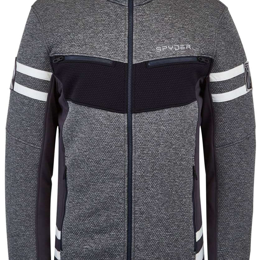 Spyder Wengen Encore Full Zip Fleece Jacket 2022 - A heathered grey fleece jacket with a black zipper and white stripes on the sleeves.