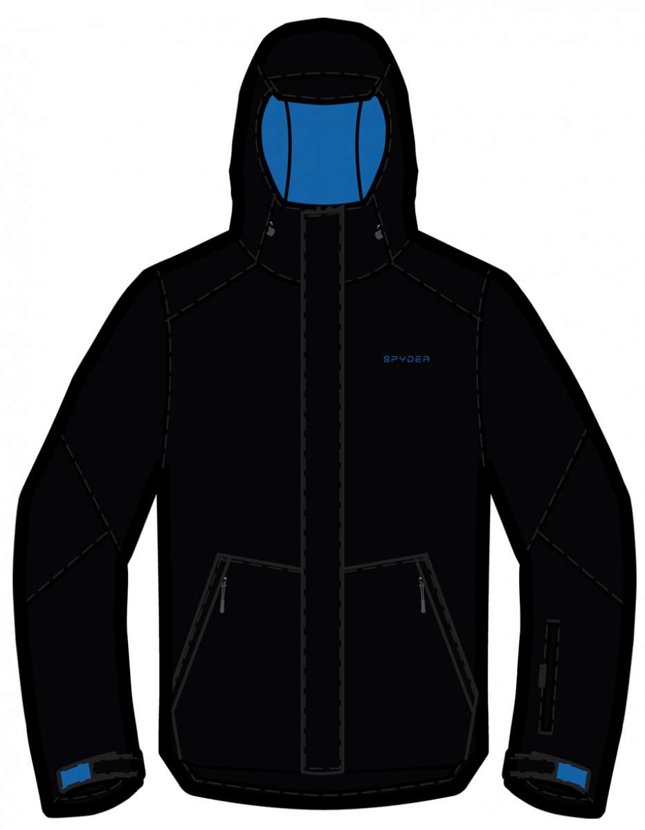 Spyder Wildcard Insulated Jacket 2023 - A black jacket with a blue logo on the left chest and two zippered pockets at the waist.