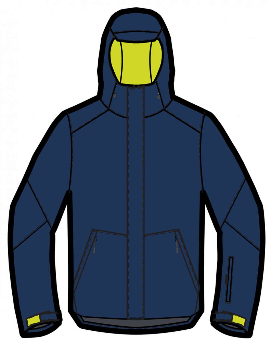 Spyder Wildcard Insulated Jacket 2023 - A navy blue jacket with a yellow zipper and black accents on the shoulders.