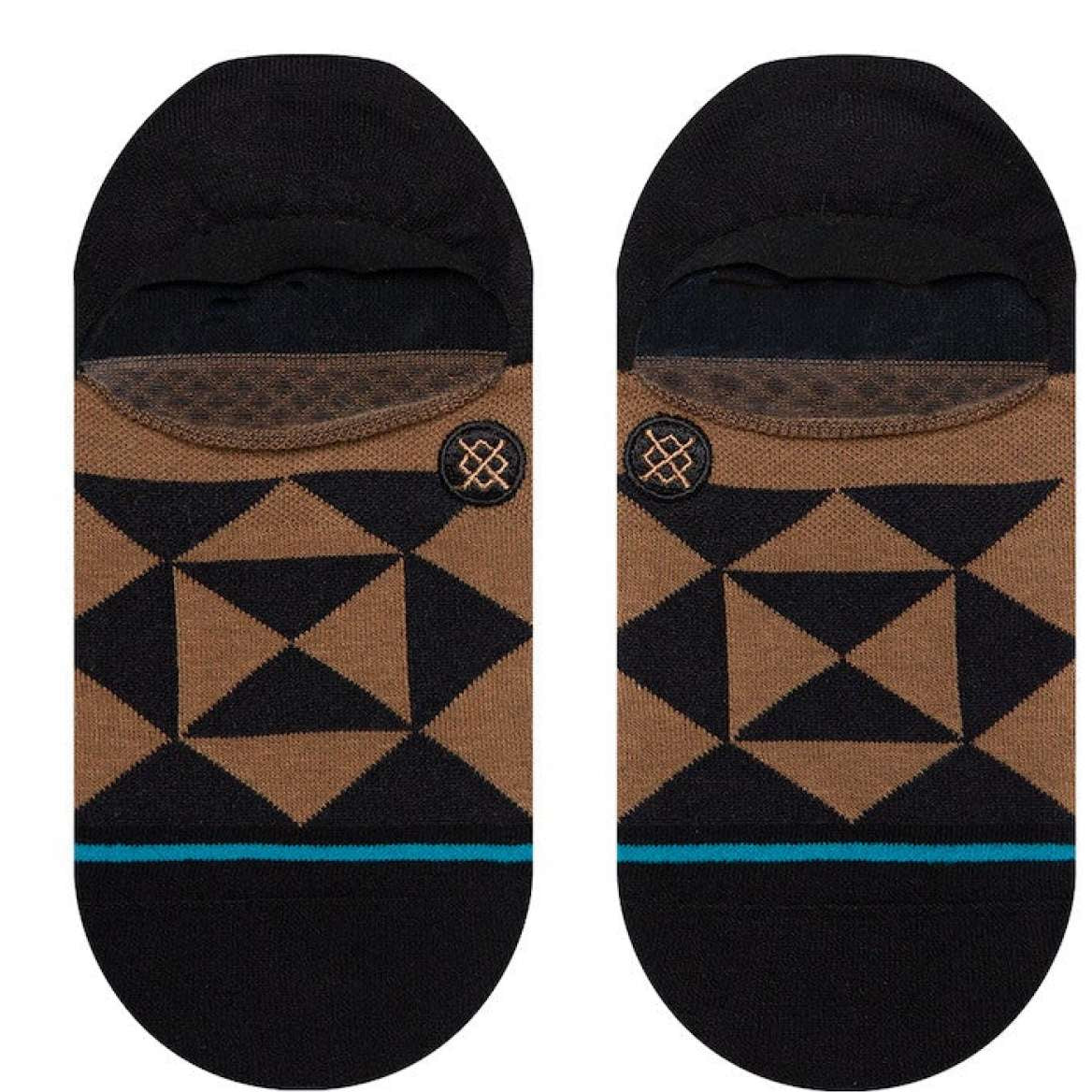 Stance Alter No Show Socks 2023 - Brown socks with a geometric pattern of triangles and lines in tan, featuring a small circular logo on the ankle area.