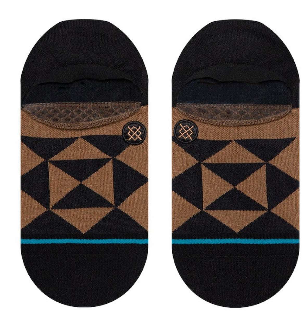 Stance Alter No Show Socks 2023 - Brown socks with a geometric pattern of triangles and lines in tan, featuring a small circular logo on the ankle area.