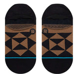 Stance Alter No Show Socks 2023 - Brown socks with a geometric pattern of triangles and lines in tan, featuring a small circular logo on the ankle area.