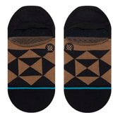 Stance Alter No Show Socks 2023 - Brown socks with a geometric pattern of triangles and lines in tan, featuring a small circular logo on the ankle area.