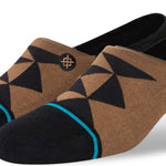 Stance Alter No Show Socks 2023 - Pair of tan no-show socks with a geometric pattern and teal stripe at the toe.