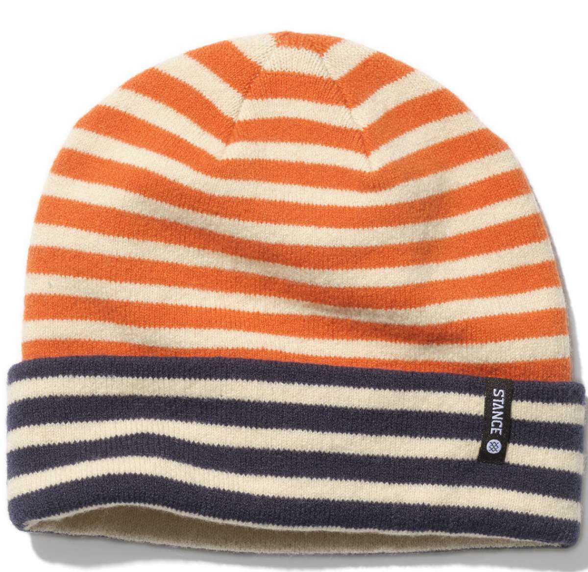 Stance Barnicle Beanie 2023 - A navy blue beanie with a white stripe pattern and an orange logo on the front.