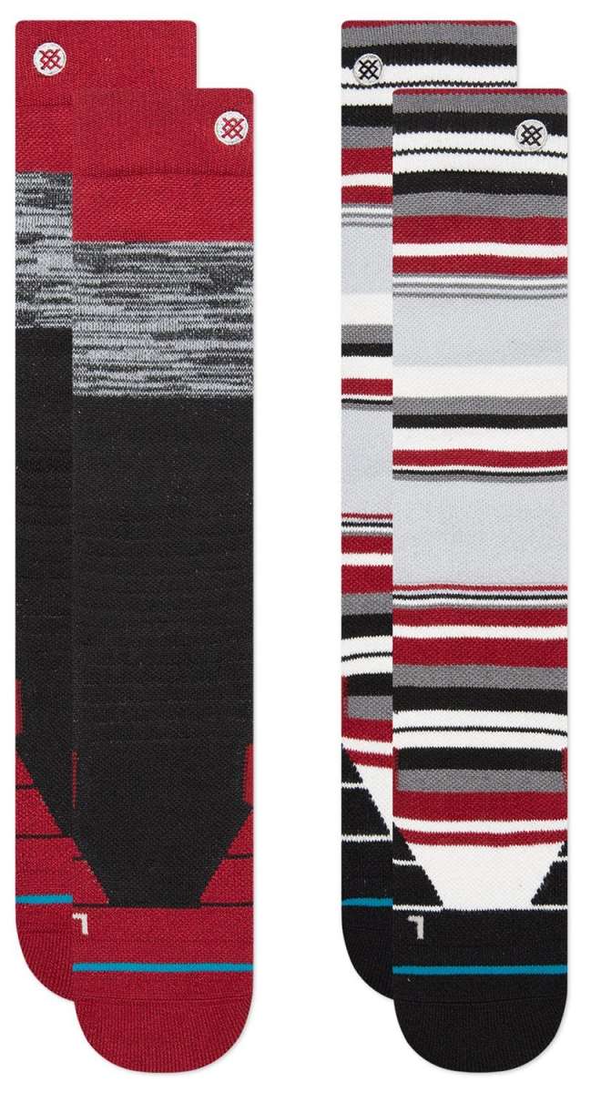 Stance Blocked Snow Sock 2 Pack 2023 - A pair of red and black snow socks with a geometric pattern on the top portion.