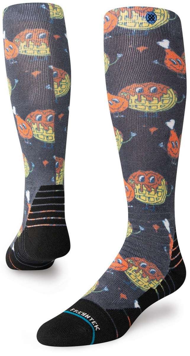 Stance Bock Bock Snow Crew Sock 2024 - A pair of gray crew socks with a repeating pattern of yellow and orange snowboarders in action poses.
