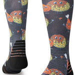 Stance Bock Bock Snow Crew Sock 2024 - A pair of gray crew socks with a repeating pattern of yellow and orange snowboarders in action poses.