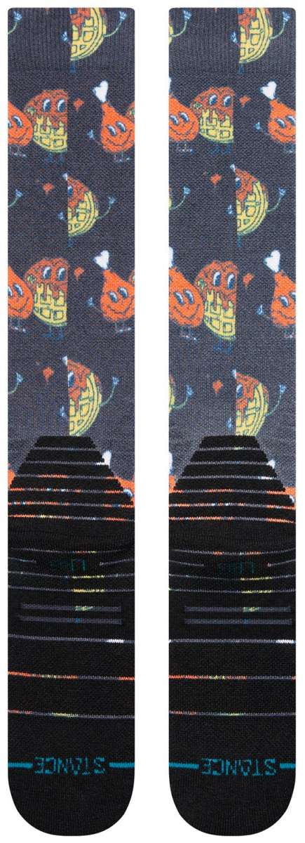 Stance Bock Bock Snow Crew Sock 2024 - A pair of crew socks with a repeating pattern of cartoon chickens wearing goggles and helmets, in shades of orange, yellow, blue, white, and black.
