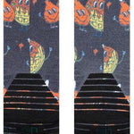 Stance Bock Bock Snow Crew Sock 2024 - A pair of crew socks with a repeating pattern of cartoon chickens wearing goggles and helmets, in shades of orange, yellow, blue, white, and black.