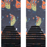 Stance Bock Bock Snow Crew Sock 2024 - A pair of crew socks with a repeating pattern of cartoon chickens wearing goggles and helmets, in shades of orange, yellow, blue, white, and black.