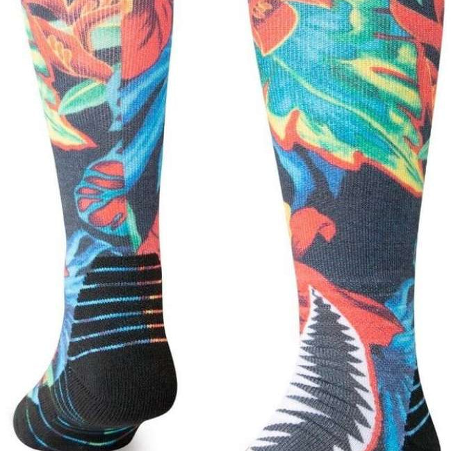 Stance Bomin Snow Crew Sock 2024 - A pair of crew-length snow socks with a gray background and a colorful floral pattern featuring pink, blue, green, and yellow flowers.