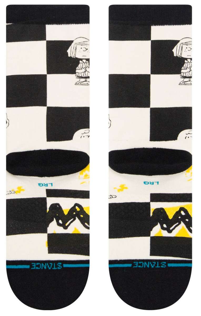 Stance Kids Checked Crew Sock 2023 - A black-and-white checked pattern with a small cartoon character in the top left corner.