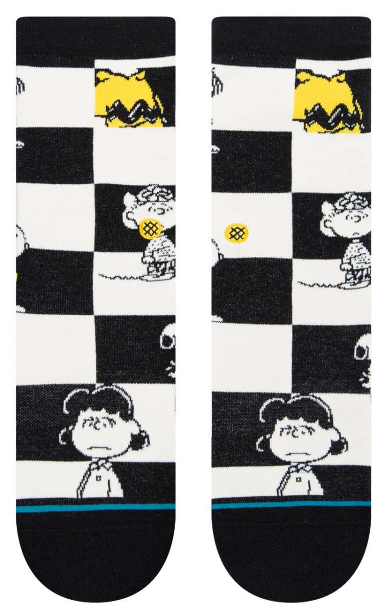 Stance Kids Checked Crew Sock 2023 - A black-and-white checked pattern with a yellow and blue stripe at the top.