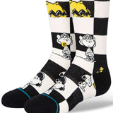Stance Kids Checked Crew Sock 2023 - A black-and-white checked crew sock with a yellow and black cartoon dog design on the top of each foot.