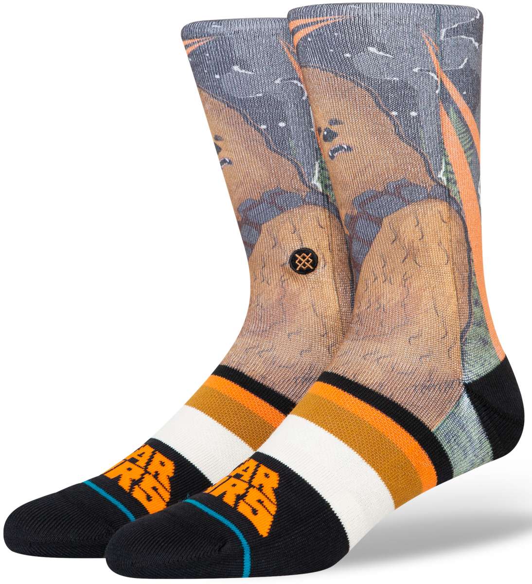 Stance Chewie By Jaz Crew Sock 2024 - A pair of crew socks featuring a large, brown-skinned Wookiee with black hair and a bandolier.