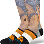 Stance Chewie By Jaz Crew Sock 2024 - A pair of crew socks featuring a large, brown-skinned Wookiee with black hair and a bandolier.