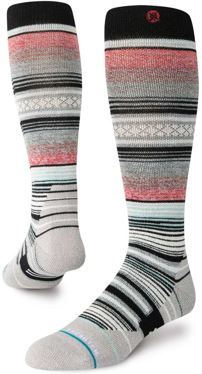 Stance Curren Snow Sock 2024 - White snow socks with a red and black stripe pattern on top.