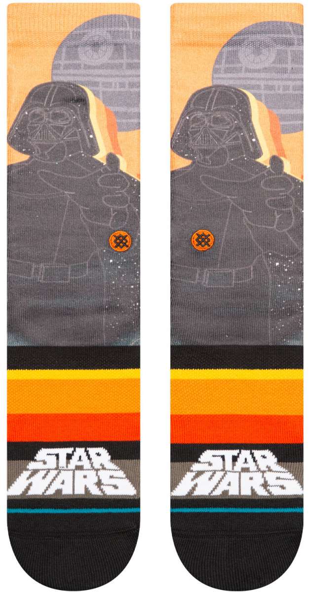 Stance Darth By Jaz Crew Sock 2024 - A pair of crew socks featuring a gray silhouette of Darth Vader from Star Wars, with a circular orange logo on his chest.