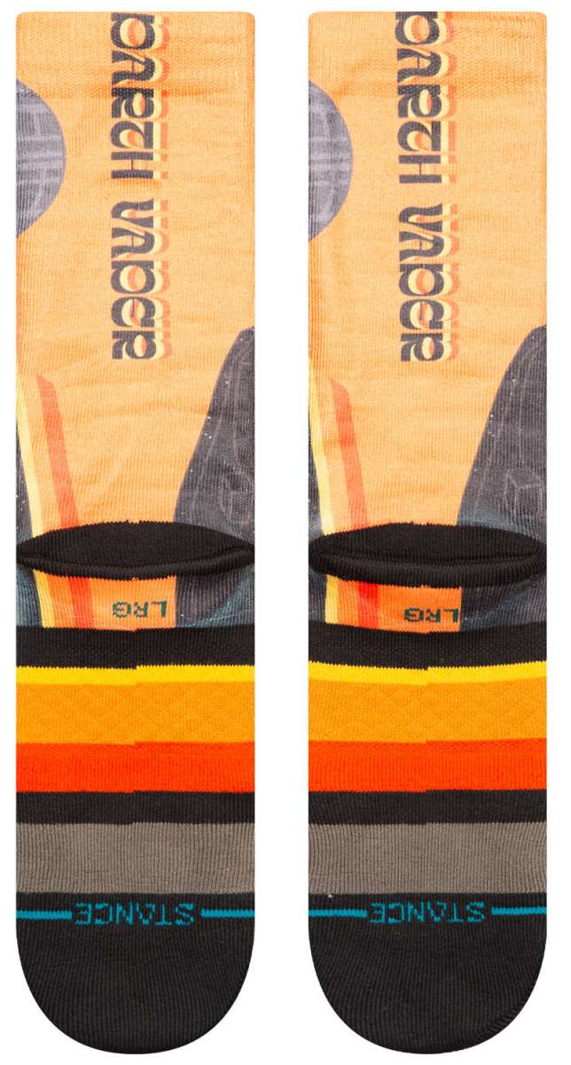 Stance Darth By Jaz Crew Sock 2024 - A pair of crew socks with a repeating pattern of Darth Vader's helmet in black and gray, on an orange background.
