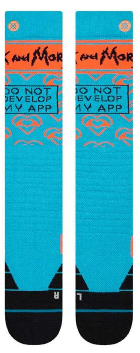 Stance - Develop Snowboard Socks 2023 - Pair of snowboard socks with a light blue background and orange accents, featuring a repeating pattern of stylized mountain peaks.