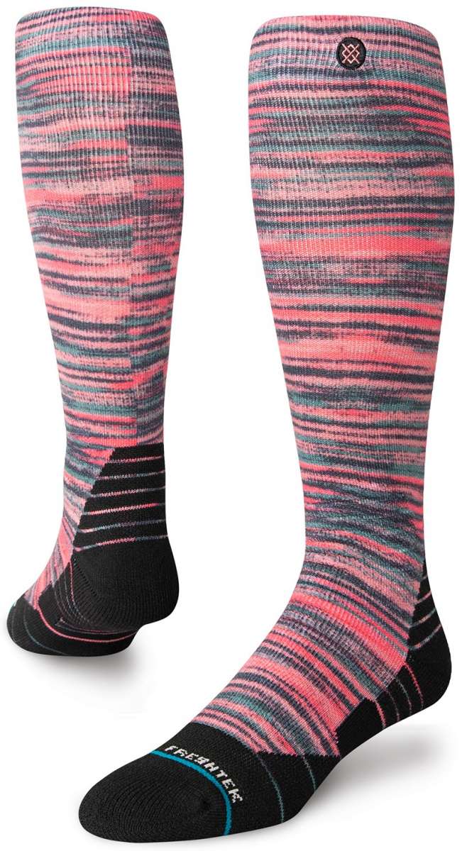 Stance Dusk to Dawn Snow Crew Sock 2024 - A pair of knee-high snow socks with a pink and grey marbled pattern, featuring thin white stripes.