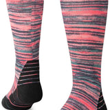 Stance Dusk to Dawn Snow Crew Sock 2024 - A pair of knee-high snow socks with a pink and grey marbled pattern, featuring thin white stripes.