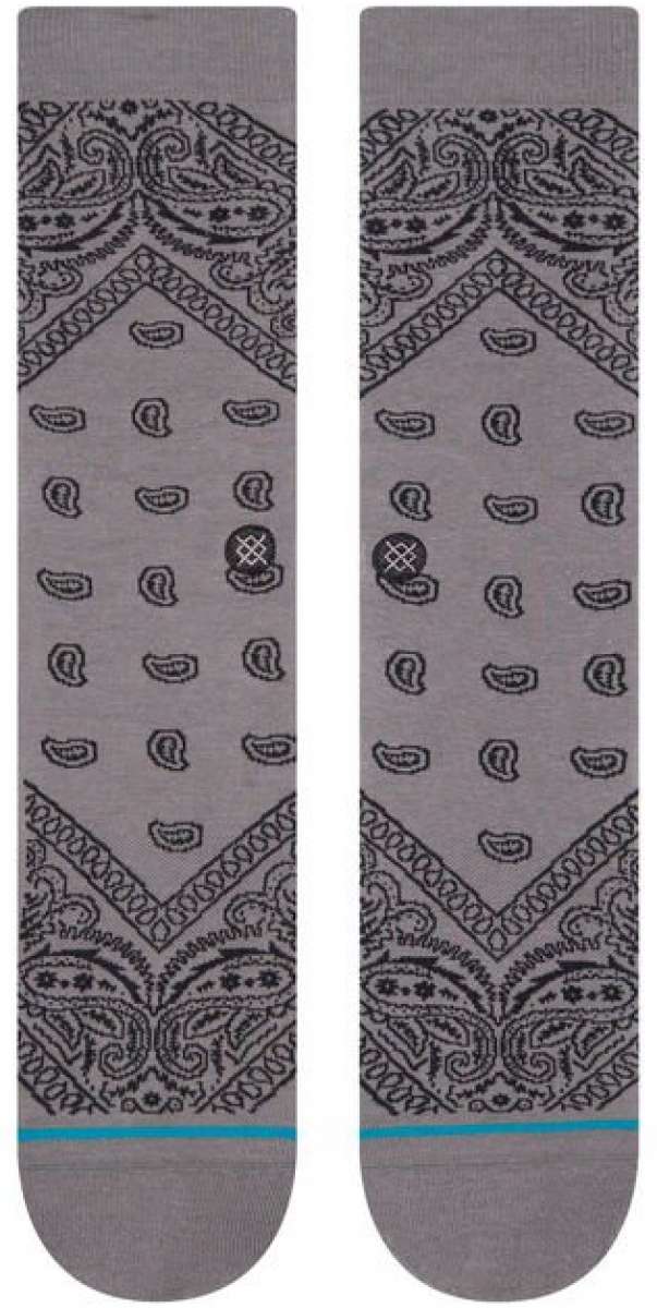 Stance El Barrio Crew Sock 2023 - Gray crew socks with a repeating paisley pattern and blue stripe at the bottom.