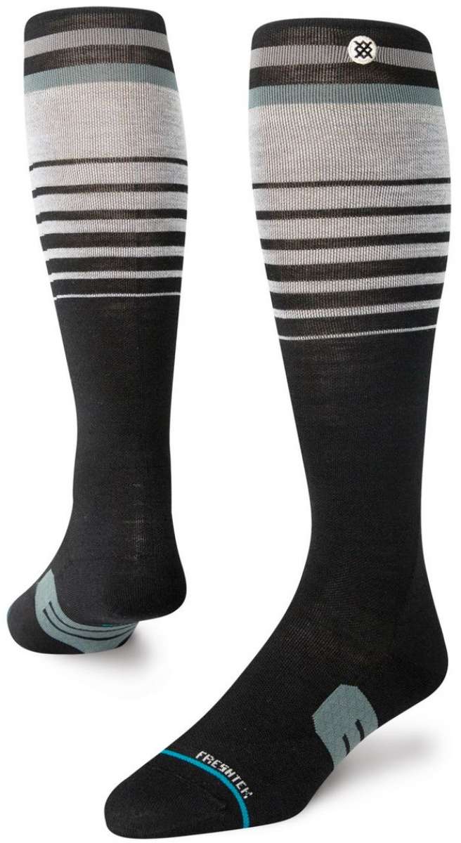 Stance Emmit Snow Crew Sock 2024 - Black crew socks with horizontal gray stripes and a small white logo on top of the foot.