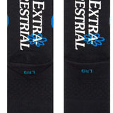 Stance Extra Terrestrial Crew Socks 2023 - Black crew socks with blue and white logo on top of foot.