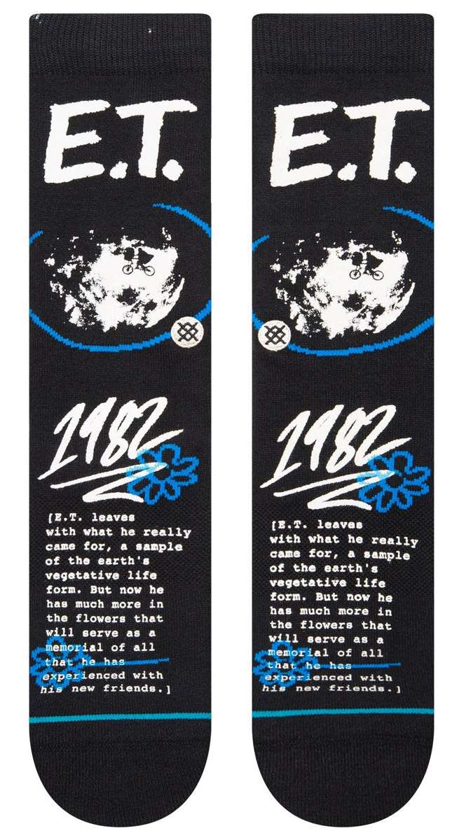 Stance Extra Terrestrial Crew Socks 2023 - A pair of black crew socks with a white ET face and blue lines around it.
