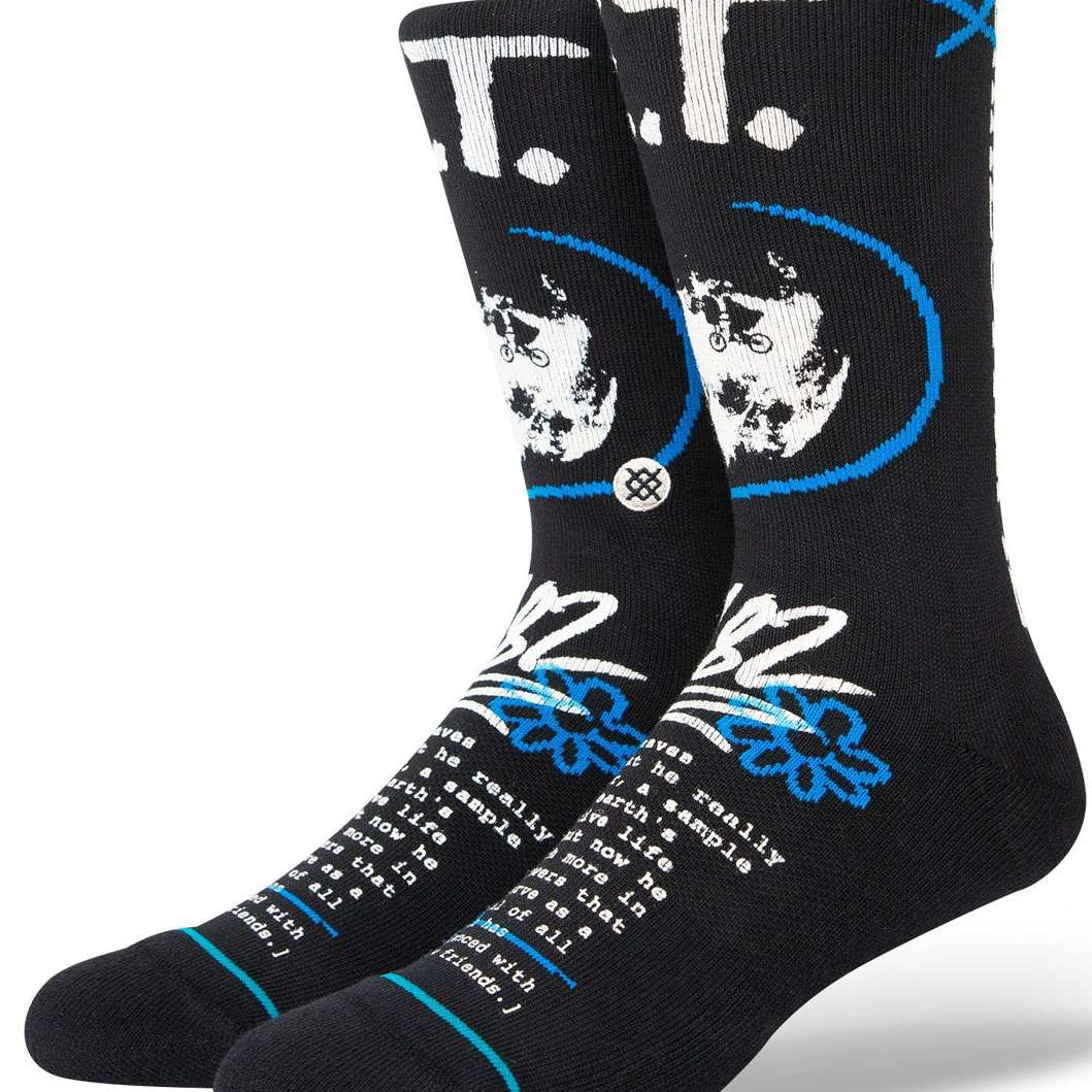 Stance Extra Terrestrial Crew Socks 2023 - Black crew socks with white and blue accents, featuring a stylized "ET" logo on top.