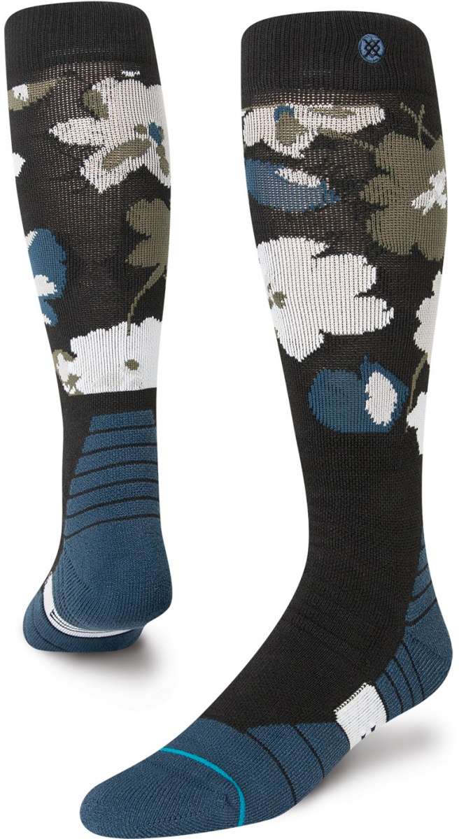 Stance Fields Snow Sock 2023 - Black snow socks with white flowers and green leaves.