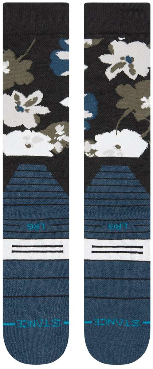 Stance Fields Snow Sock 2023 - White snowflakes on a black background with gray accents and blue dots.
