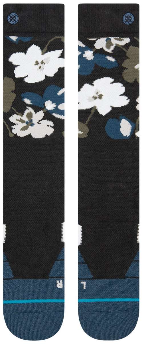 Stance Fields Snow Sock 2023 - White snowflakes on a black background with blue accents and gray leaves.