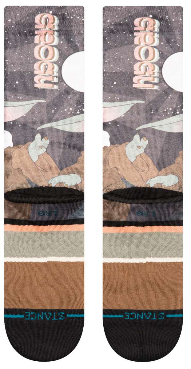 Stance Grogu By Jaz Crew Sock 2024 - A pair of crew socks with a cartoon image of Grogu from The Mandalorian on them, in shades of brown and tan.