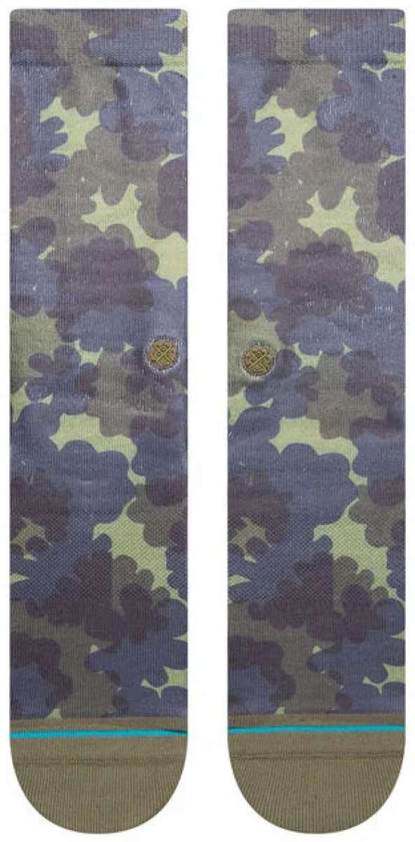 Stance Hydrangea Crew Sock 2023 - A pair of crew socks with a light purple hydrangea pattern on an olive green background.