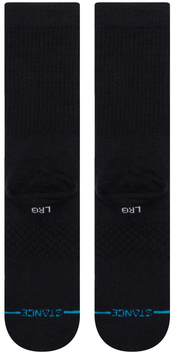 Stance Icon Crew Sock 2024 - Black crew socks with a repeating pattern of small white and blue icons on the top portion.