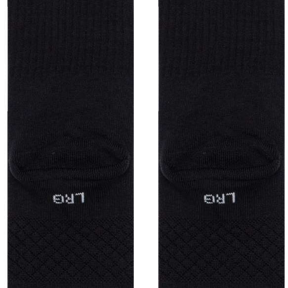 Stance Icon Crew Sock 2024 - Black crew socks with a repeating pattern of small white and blue icons on the top portion.