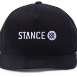 Stance - A black baseball cap with a white logo featuring an interlocking "S" and "T" design on the front panel.