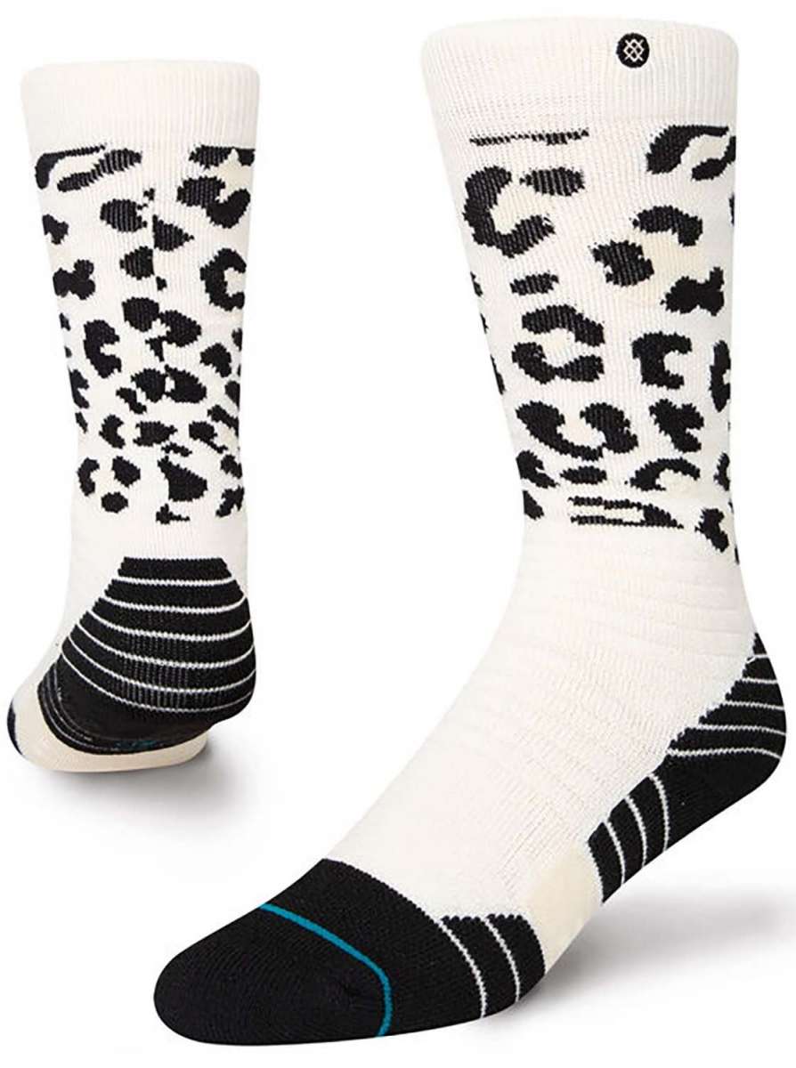 Stance Juniors Cheatz Snow Sock 2023 - White snow socks with black leopard print and blue stripe on toe.