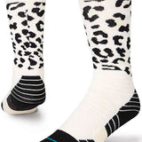 Stance Juniors Cheatz Snow Sock 2023 - White snow socks with black leopard print and blue stripe on toe.