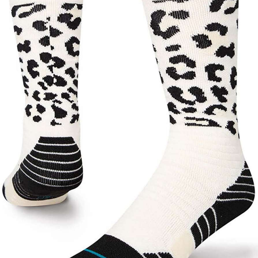 Stance Juniors Cheatz Snow Sock 2023 - White snow socks with black leopard print and blue stripe on toe.
