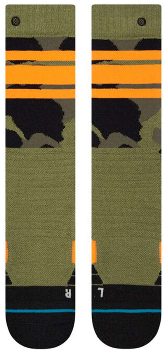 Stance Juniors Sargent Snow Sock 2023 - A pair of green snow socks with a black bear design and orange stripes.