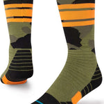 Stance Juniors Sargent Snow Sock 2023 - A pair of green snow socks with a black and orange stripe pattern on top.