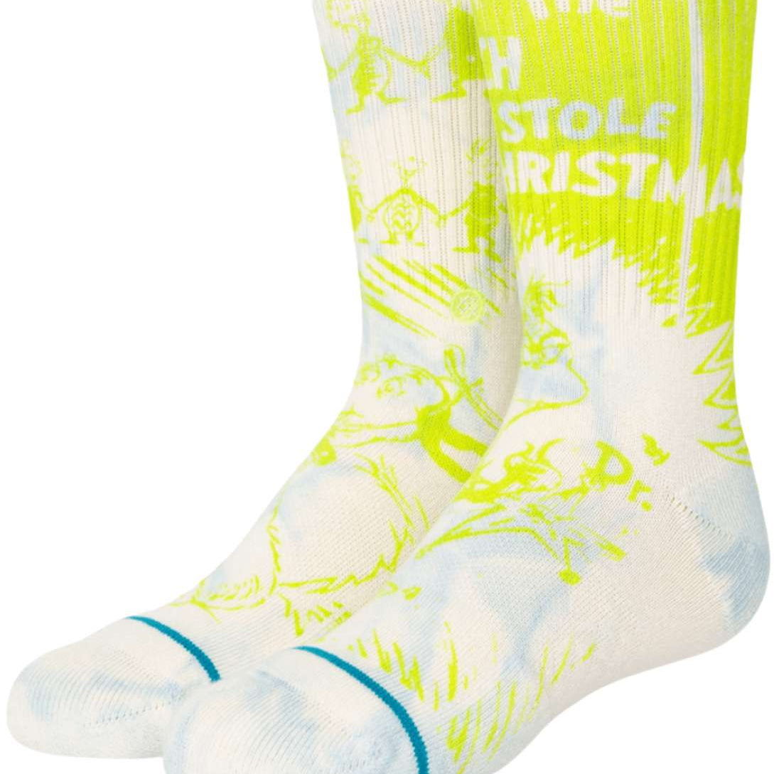 Stance Kid Noise Crew Socks 2023 - White crew socks with blue and green cartoon characters, stripes, and "Kid Noise" logo on foot.
