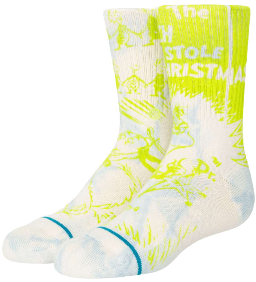 Stance Kid Noise Crew Socks 2023 - White crew socks with blue and green cartoon characters, stripes, and "Kid Noise" logo on foot.