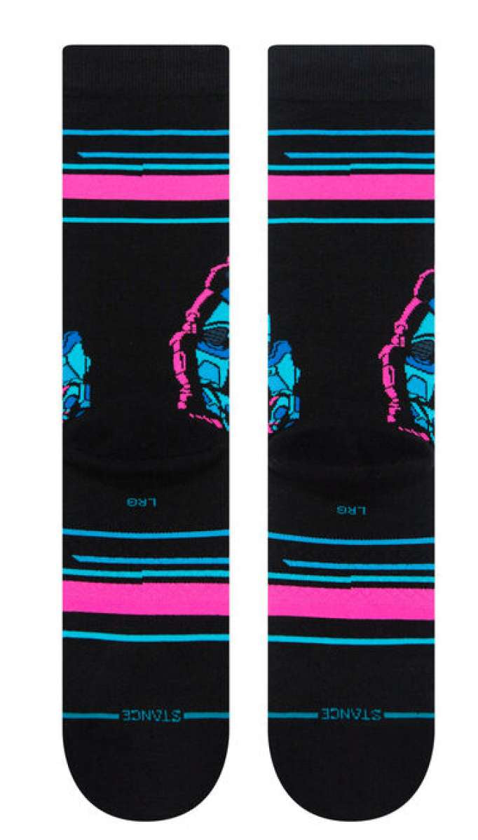 Stance Kids' Lightyear Crew Socks 2023 - A pair of black crew socks with a blue and pink pattern featuring Buzz Lightyear's face from Toy Story.